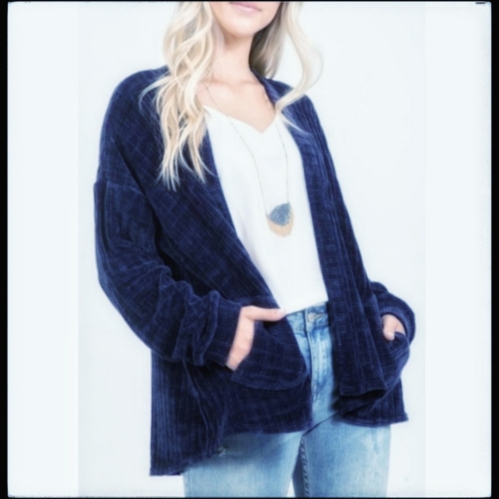 Chenille Navy Blue Cardigan, New!